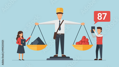 Illustration of a scale with people, objects, and social media