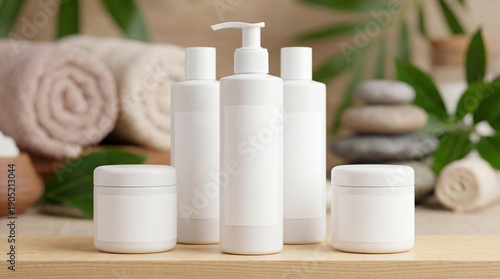 Container for cream, shampoo, toiletries, and spa products. Unbranded white plastic bottles. A bottle with a dispenser for cosmetic items. Skin care and beauty theme. Mockup style with space for text.