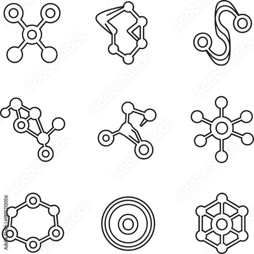 Vector line art illustrations of diverse molecular structures and abstract connection networks for science and technology concepts।