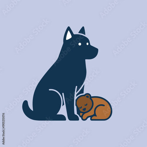 A stylized vector illustration features a dark blue dog sitting protectively next to a small, brown bear cub sleeping peacefully.