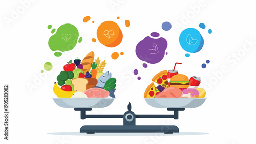 Illustration of a scale balancing healthy and unhealthy food choices