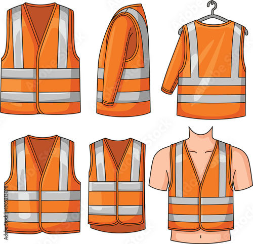 Vector illustrations of orange reflective safety vests with various views and demonstration for industrial and construction safety।