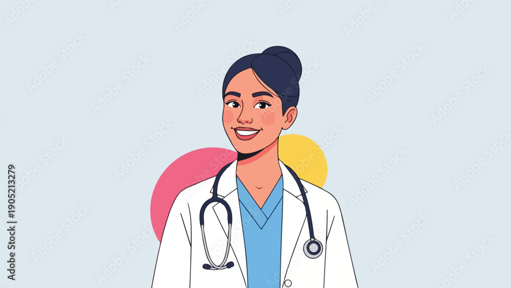 Fototapeta premium Illustration of a smiling doctor, wearing a stethoscope, in a lab coat
