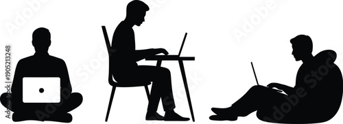 Three individuals are depicted using laptops in varied relaxed postures silhouetted in black high-quality professional