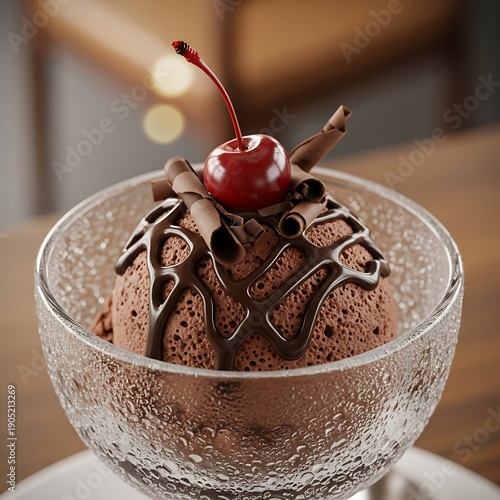 Rich chocolate frozen dessert topped with cherry and curls in a chilled glass dish