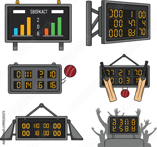 : Vector illustrations of various sports scoreboards digital displays and stadium results for athletic competition concepts।