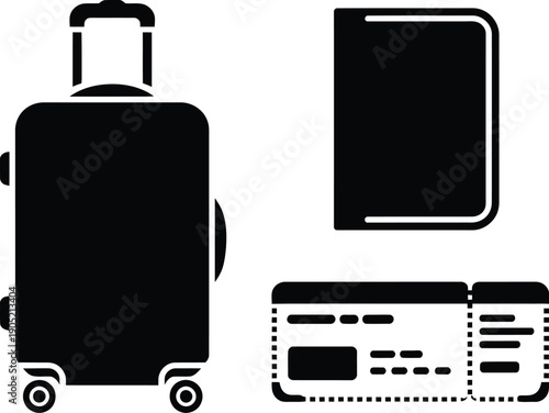 travel suitcase passport and boarding pass ticket isolated on white background for tourism vacation and trip