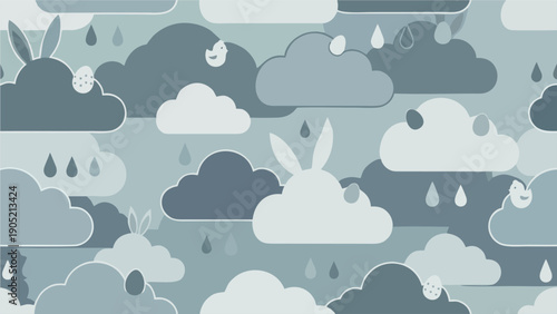 Seamless Pattern of Playful Easter Bunny Clouds and Raindrops in Cool Monochromatic Tones