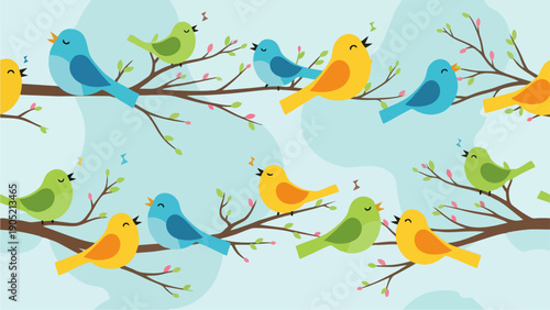 Vibrant Seamless Pattern of Colorful Cartoon Birds Singing on Spring Tree Branches