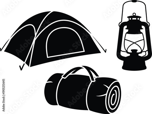 A black and white illustration depicts a camping tent a rolled sleeping bag and an oil lantern high-quality professional detailed