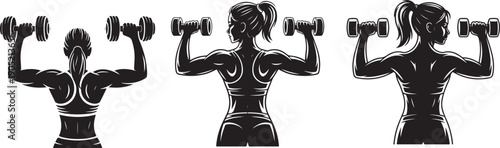 Female Fitness Athlete Dumbbell Workout Illustration - Powerful Woman Weightlifting Black - strong woman, female fitness, woman lifting weights, fitness silhouette, weightlifting woman, gym workout, 