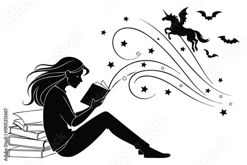 Woman Reading Book with Witchy and Flying Bats Halloween magic