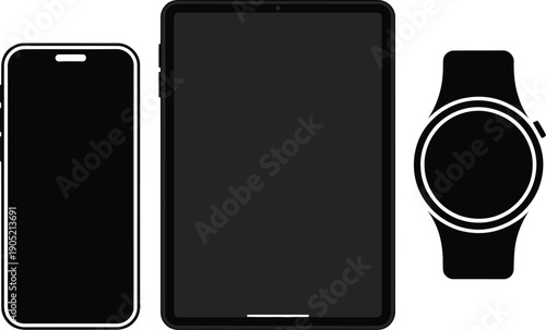 A simple graphic displays a smartphone tablet and smartwatch all with black screens high-quality professional detailed modern elegant stylish clean