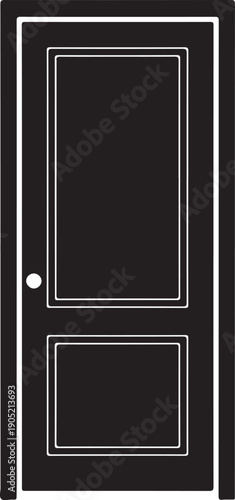 Black door with white rectangular outlines and a dot
