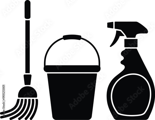 A simple black and white illustration depicts common cleaning tools a broom bucket and spray bottle high-quality professional detailed modern