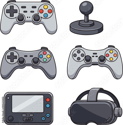Vector illustrations of various video game controllers joysticks and VR headset for gaming and entertainment concepts।