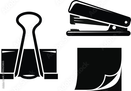 A black and white graphic depicts a stapler a binder clip and a folded piece of paper high-quality professional detailed