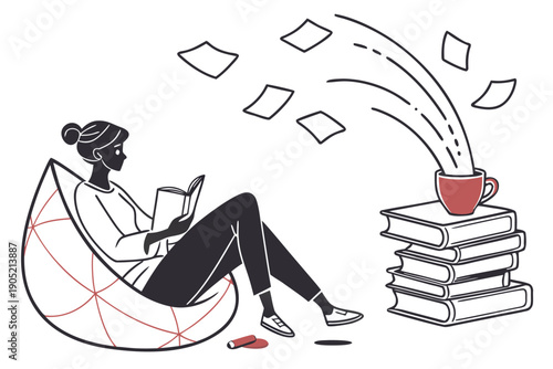 Woman Studying with Books and Coffee Flat woman reading stack of books coffee cup