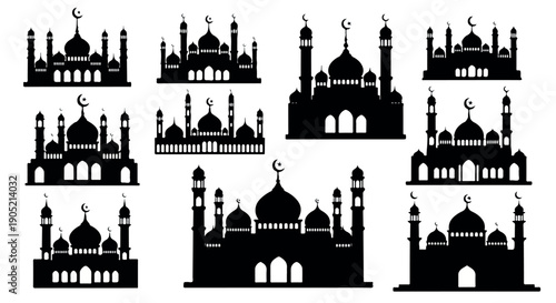 Collection of various mosque silhouettes with domes and minarets on a white background.