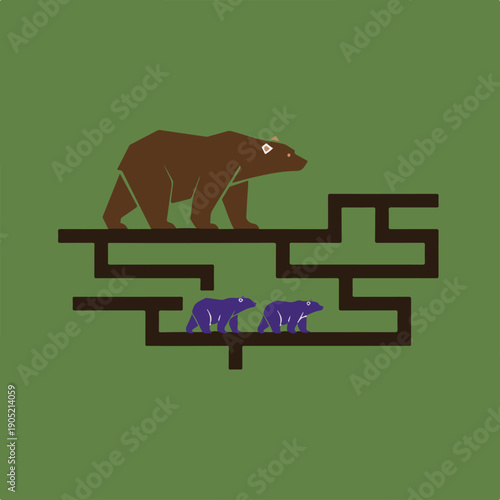 A stylized brown adult bear navigates an intricate maze-like path above two purple bear cubs, all against a solid green background.