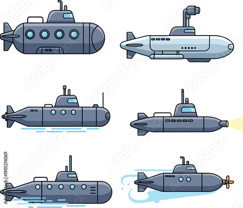 Vector illustrations of diverse submarine designs for underwater exploration and maritime naval concepts।