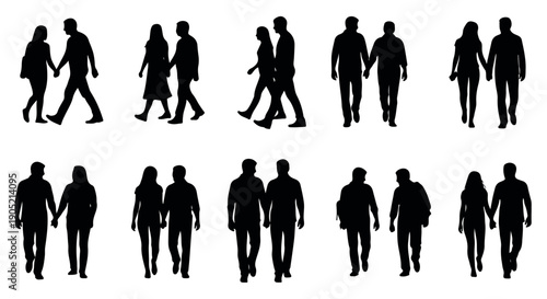 Collection of black silhouettes of people walking and interacting in various poses on a white background.