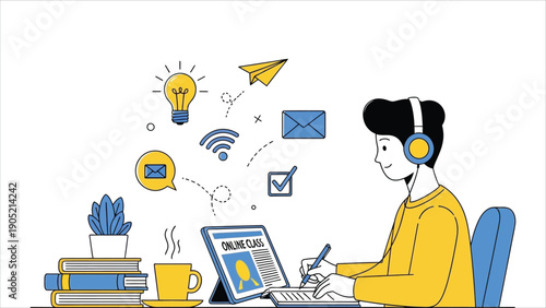 Online Learning Illustration Student Studying at Home with Laptop or Tablet.