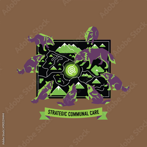 A stylized vector shows purple and green wolves surrounding a map of mountains and a central spiral, with a banner proclaiming 'STRATEGIC COMMUNAL CARE'.