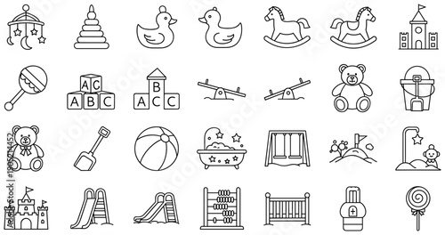 Children’s toys and playground icons set, baby items and play equipment illustration collection for childhood fun, learning, and development