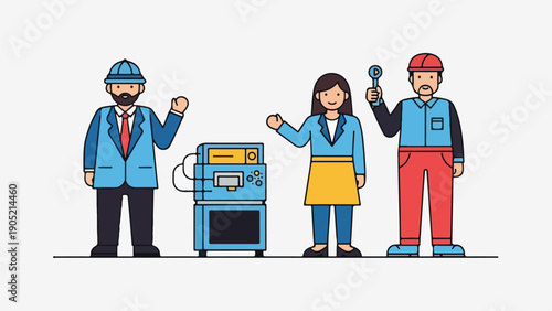 Illustration of a team with a machine. Three people, work gear, and tools