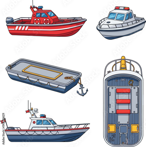Vector illustrations of various rescue boats patrol vessels and life rafts for maritime safety and emergency concepts।