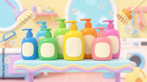 A fun 3D illustration featuring a variety of colorful pump bottles. It's all about cleaning supplies for household and hygiene product ads.

