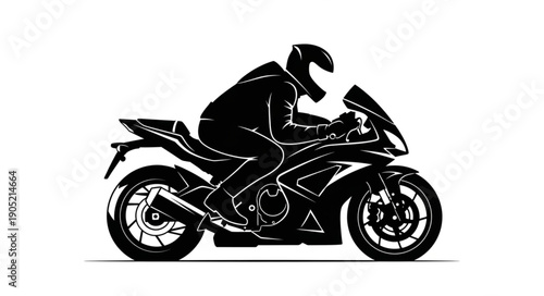 Dynamic black silhouette of a motorcyclist riding a sport bike at speed.