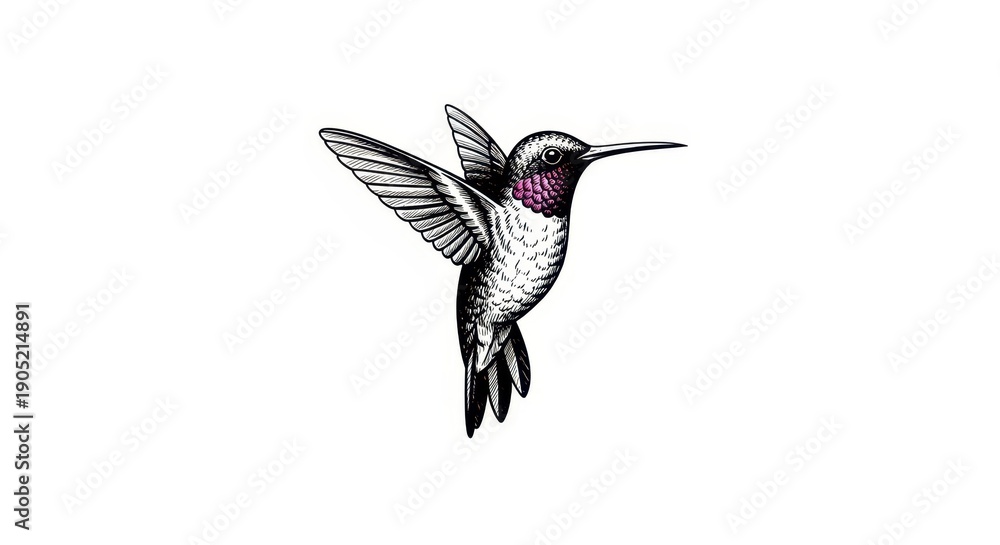 Obraz premium Hummingbird in Flight, Detailed Sketch, Vintage Style, Isolated on White