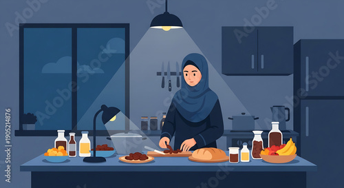 Woman in hijab preparing food in a dimly lit kitchen with overhead light
