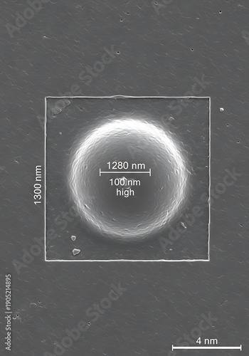 Scanning electron micrograph reveals detailed topography of a nanoscale circular structure on a surface