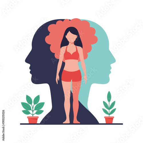 Illustration of a woman between two head profiles, with plants