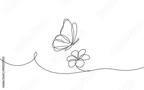 Butterfly flying over a flower, minimalist single line drawing