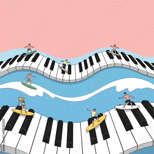 Flat Pastel Vector Miniature People Surfing Piano Keys Waves Whimsical Illustration Design Art