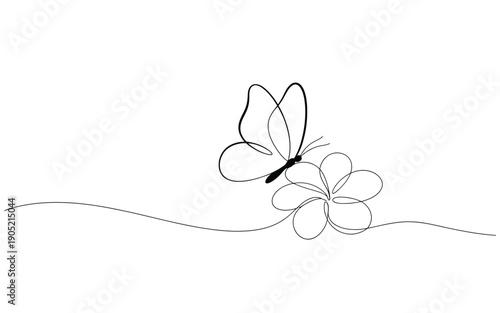 Single line drawing of a butterfly near a flower