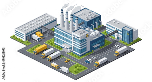 Isometric Industrial Factory Complex with Buildings and Vehicles.