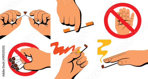 Hands illustrate six step-by-step instructions for safely extinguishing a cigarette butt completely.
