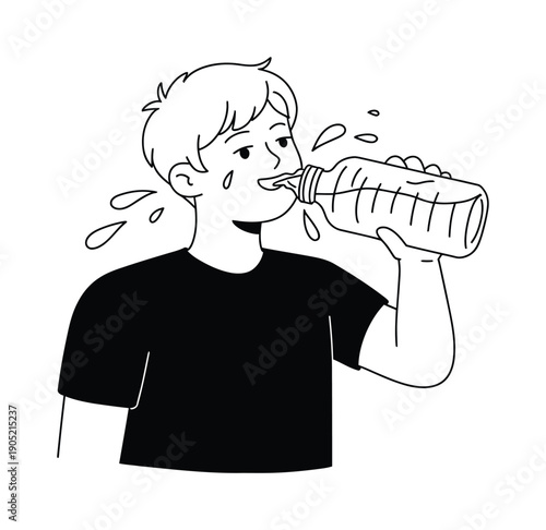Person drinking water from a bottle with splashes Vector illustration