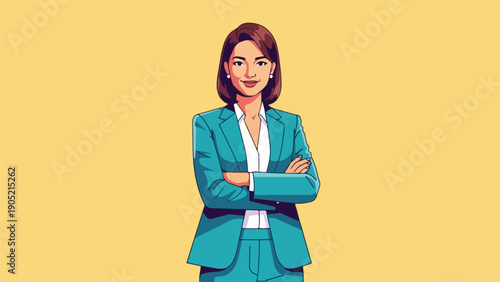 Illustration of a woman in a suit, arms crossed, yellow background