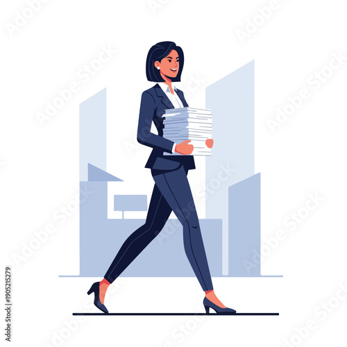 Illustration of a woman in a suit carrying a stack of papers