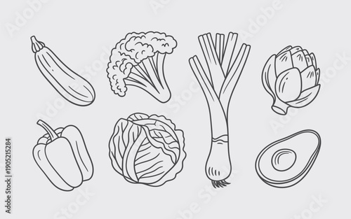 Line Art Vegetables Grouped on Light Gray Background