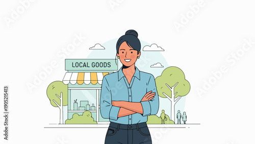 Illustration of a woman standing in front of a local goods store