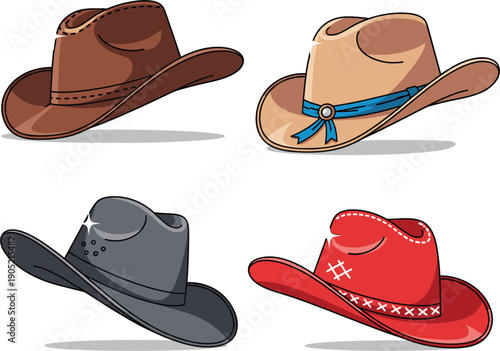 : Vector illustrations of stylish cowboy hats in different colors for western fashion and rancher lifestyle concepts।