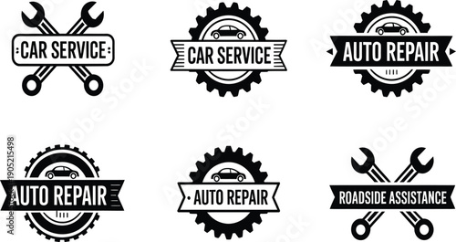 Set of six automotive repair and service badges featuring wrenches and gear motifs for mechanical.
