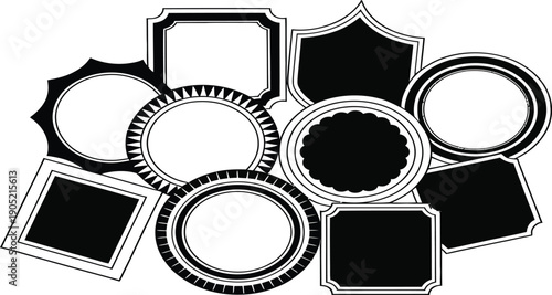 Assortment of vintage black and white empty frames and badges provides excellent copy space for.